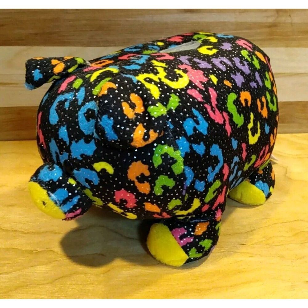 Animal Adventure Piggy Thrifters Black Multicolor Print Soft Plush Piggy‎ Bank